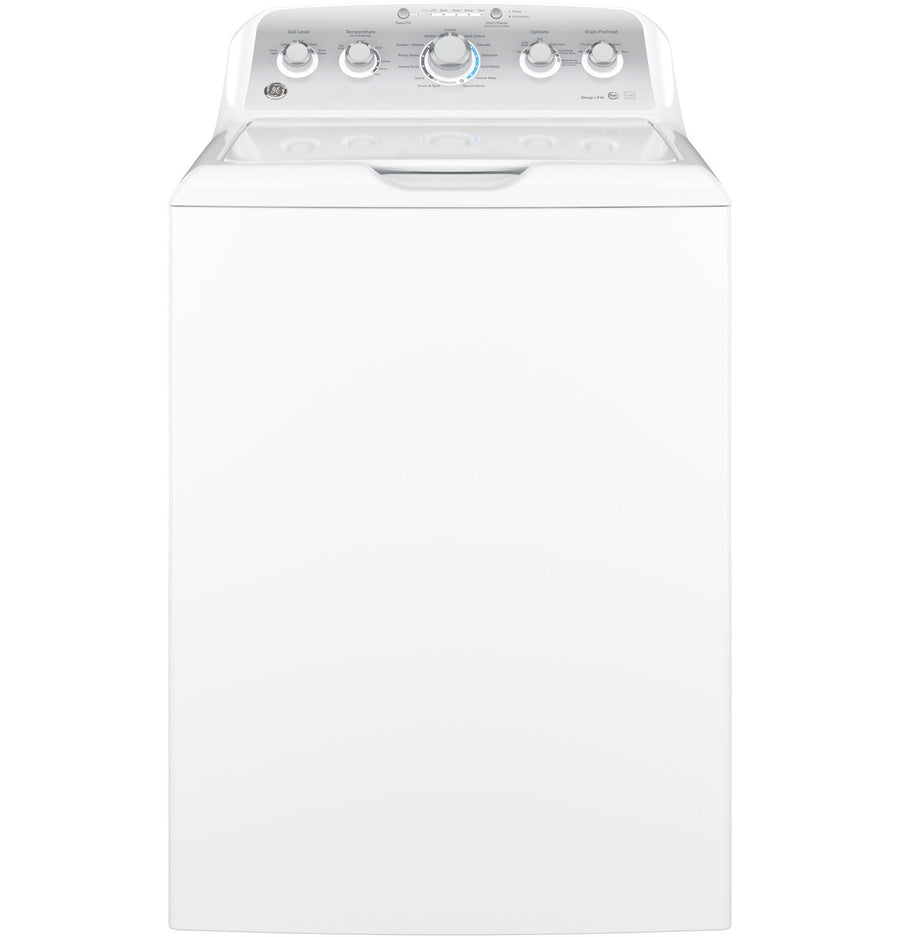 GE White Top Load 4.4 Cu. Ft. Washer with Stainless Steel Basket GTW490ACJWS - Scratch &Dent (Major) and GE White Electric 7.2 Cu. Ft. Dryer with Aluminized Alloy Drum 16253 - GTD45EASJWS - Scratch & Dent (Moderate)