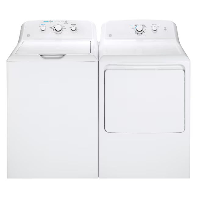 GE White Top Load 4.0 Cu. Ft. Capacity Washer with Stainless Steel Wash Basket GTW325ASWWW - Open Box and GE White Electric Aluminized Alloy Drum 7.2 Cu. Ft. Dryer with Sensor Dry and Extended Tumble 16234 - GTD45EASJWS - Certified Refurbished