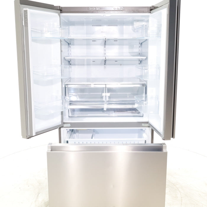 Fingerprint Resistant Brushed Steel ENERGY STAR Hisense 26.6 cu. ft. 3 Door French Door Refrigerator with Icemaker and Internal Water Dispenser - Scratch & Dent - Minor