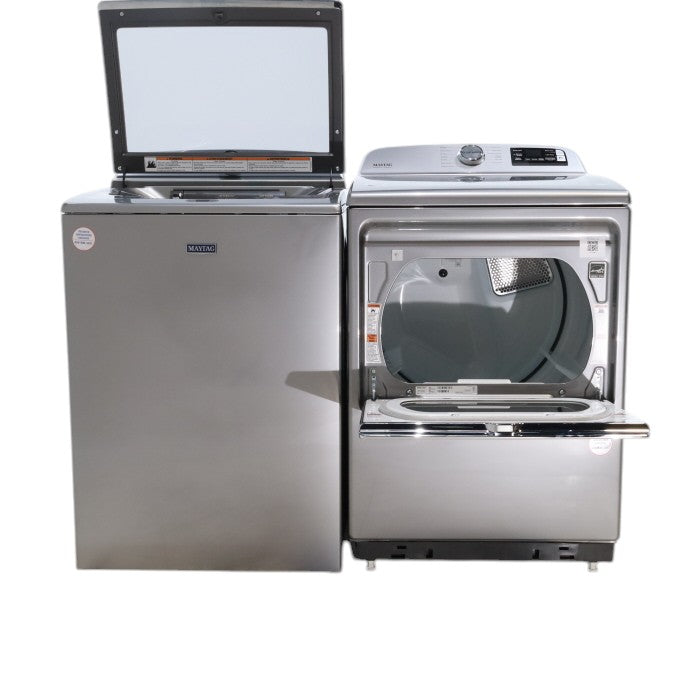 Pictures of Maytag Metallic Slate Smart Top Load 5.2 cu ft Washer with Extra Power button and Deep Fill Option and Smart 7.4 cu ft Electric Steam Dryer with Extra Power Button and Advance Moisture Sensing - Open Box - Neu Appliance Outlet - Discount Appliance Outlet in Austin, Tx