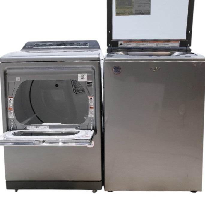 Pictures of Whirlpool Chrome Shadow 5.2 - 5.3 cu. ft. ENERGY STAR Top Load Washer with 2 in 1 Removable Agitator and Load & Go™ dispenser and 7.4 cu. ft. Top Load Electric Dryer with Advanced Moisture Sensing - Scratch & Dent - Minor - Neu Appliance Outlet - Discount Appliance Outlet in Austin, Tx