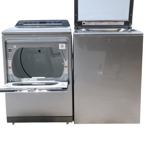 Pictures of Whirlpool Chrome Shadow 5.2 - 5.3 cu. ft. ENERGY STAR Top Load Washer with 2 in 1 Removable Agitator and Load & Go™ dispenser and 7.4 cu. ft. Top Load Electric Dryer with Advanced Moisture Sensing - Open Box - Neu Appliance Outlet - Discount Appliance Outlet in Austin, Tx