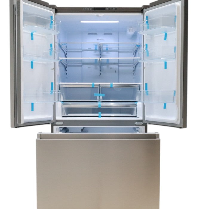 Fingerprint Resistant Brushed Steel ENERGY STAR Hisense 26.6 cu. ft. 3 Door French Door Refrigerator with Icemaker and Internal Water Dispenser - Scratch & Dent - Minor