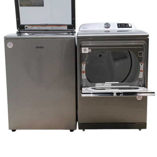 Pictures of Maytag Metallic Slate Smart Top Load 5.2 cu ft Washer with Extra Power button and Deep Fill Option and Smart 7.4 cu ft Electric Steam Dryer with Extra Power Button and Advance Moisture Sensing - Open Box - Neu Appliance Outlet - Discount Appliance Outlet in Austin, Tx