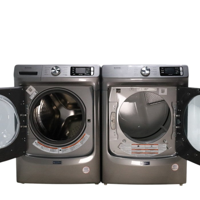 Pictures of Maytag Metallic Slate 4.5-cu ft High Efficiency ENERGY STAR Stackable Steam Cycle Front-Load Washer with Maytag® Commercial Technology and Maytag 7.3-cu ft Stackable Vented ENERGY STAR Electric Dryer - Open Box - Neu Appliance Outlet - Discount Appliance Outlet in Austin, Tx