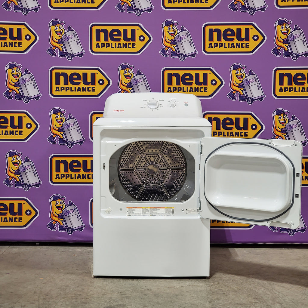 Pictures of Hotpoint® 4.0 cu. ft. Capacity Washer with Cold Plus and Water Level Control HTW265ASWWW - Scratch & Dent (Moderate) and Hotpoint® 6.2 cu. ft. vented Electric Dryer with Auto Dry 16101 - HTX26EASWWW - Scratch & Dent (Minor) - Neu Appliance Outlet - Discount Appliance Outlet in Austin, Tx