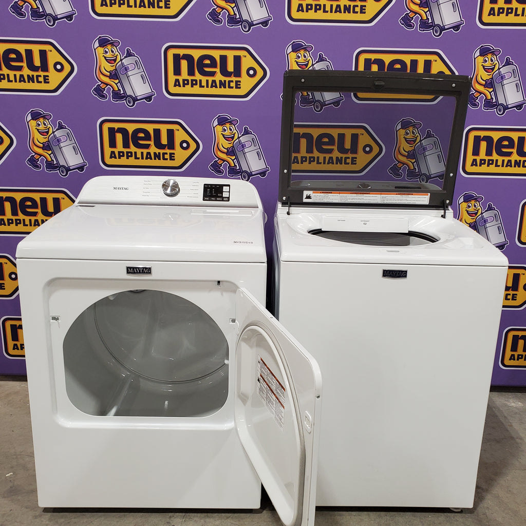 Pictures of Maytag Top Load 4.8 cu ft Washer with Deep Fill and Slow-Close Glass Lid MVW6200KW - Scratch & Dent (Minor) and Maytag 7.0 cu ft Electric Dryer with Moisture Sensing and Quick Dry Cycle 30132SD82 - MED6200KW - Scratch & Dent (Minor) - Neu Appliance Outlet - Discount Appliance Outlet in Austin, Tx