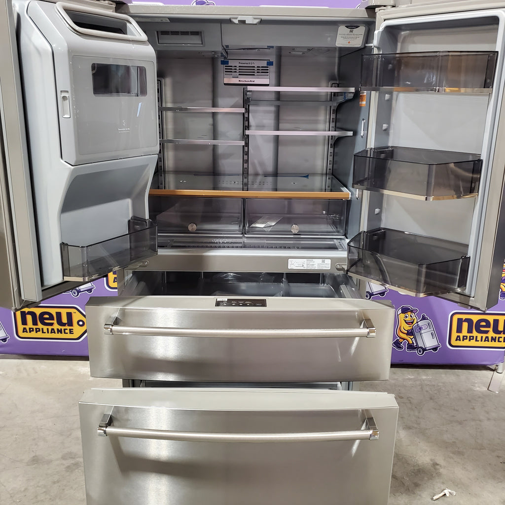 KitchenAid PrintShield Stainless 26.2 Cu. Ft. Multi-Door French Door Refrigerator with Platinum Interior and FreshChill™ Full-Width Refrigerated Drawer 22131SD109 - KRMF536RPS - Open Box