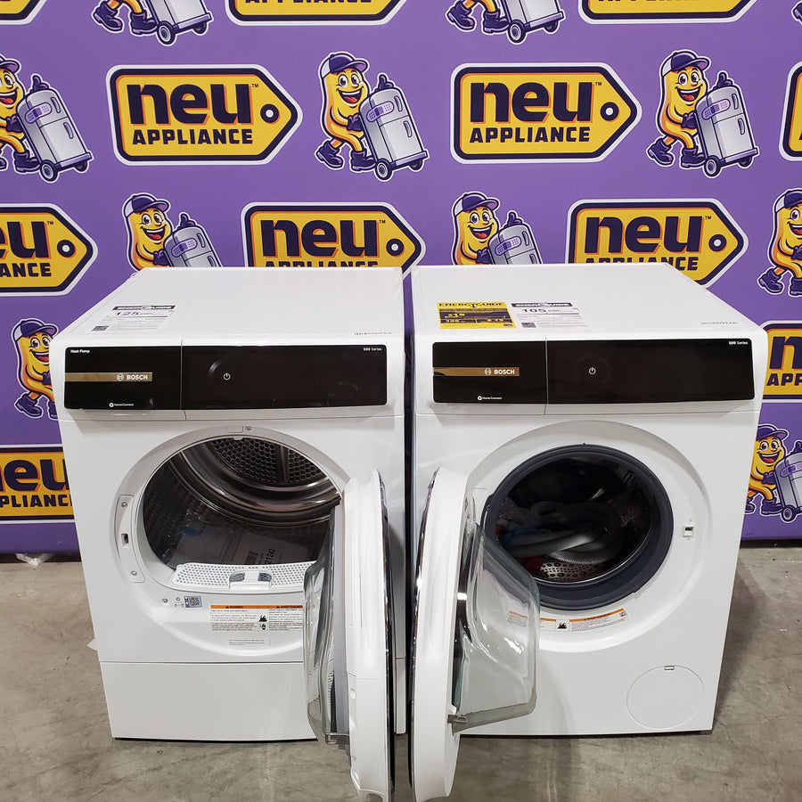 Bosch 500 Series 24 in. 2.4 cu. ft. Stackable Front Load Compact Washer in White WGB24600UC - Open Box and Bosch 500 Series 4-cu ft Stackable Ventless Electric Dryer with Steam Cycle in White WQB245B0UC - Scratch & Dent (Moderate)