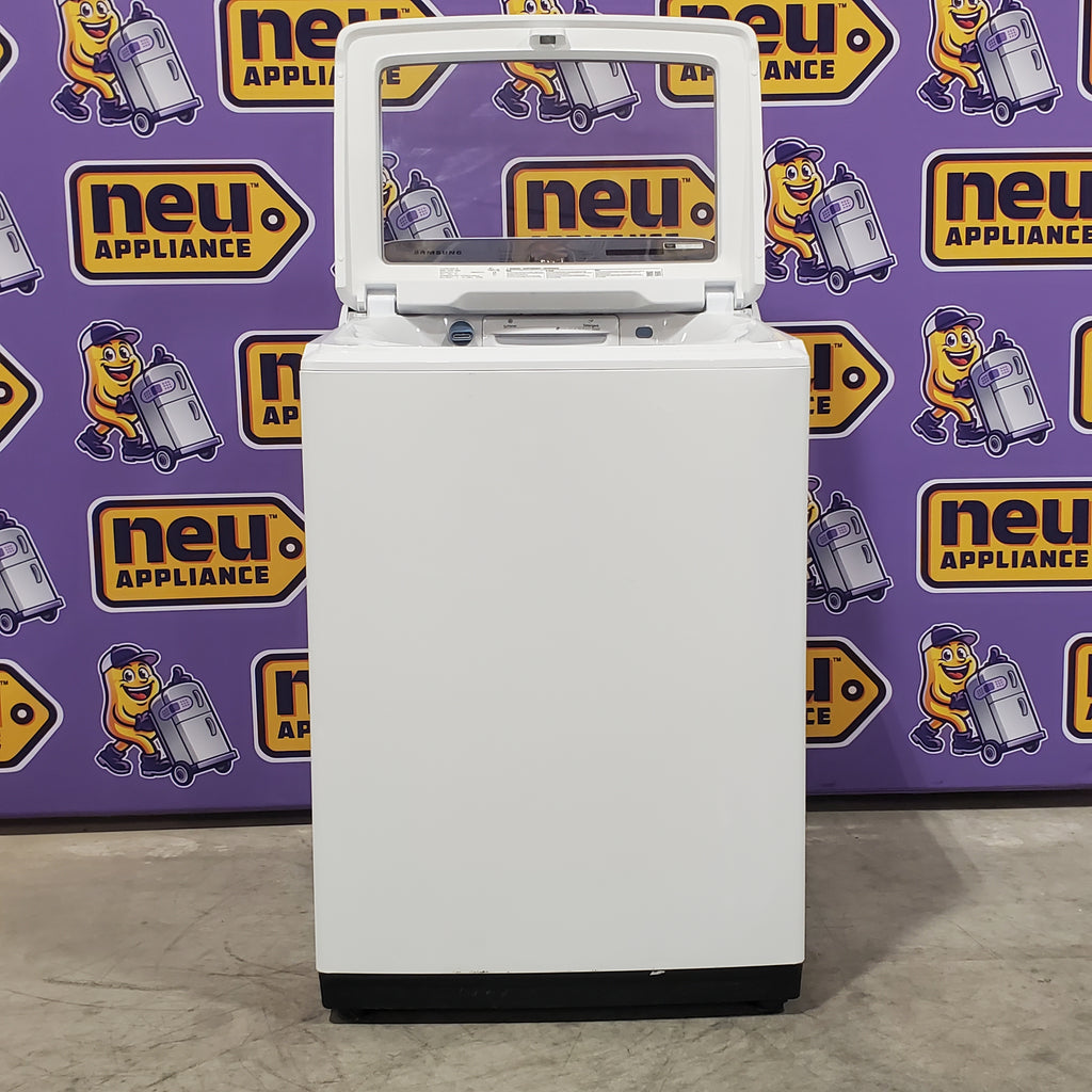 Pictures of Samsung White Top Load 5.4 Cu. Ft. Washer with Active Water Jet WA50R5200AW/US - Certified Refurbished and Samsung White 7.4 cu. ft. Electric Dryer in White with Steam Sanitize+ DVE54R7200W/A3 - Certified Refurbished - Neu Appliance Outlet - Discount Appliance Outlet in Austin, Tx