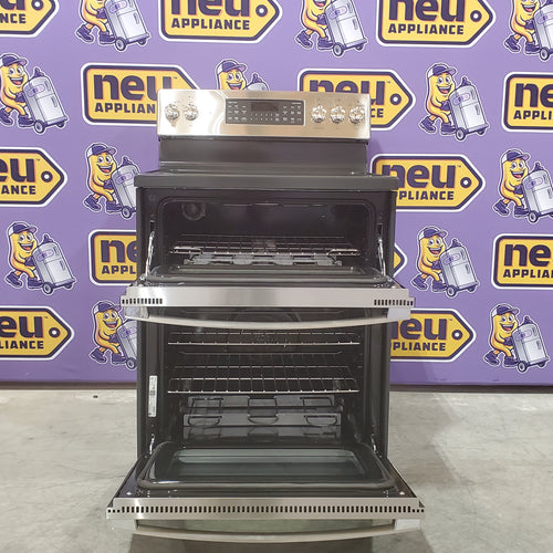 Stainless steel GE Free-Standing 30" Electric Double Oven Convection Range JBS86SPSS against a branded background