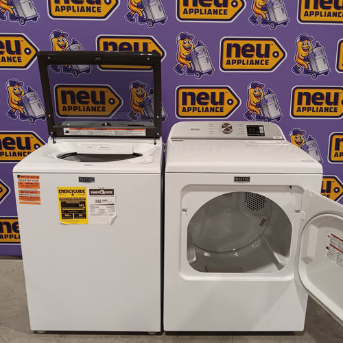Pictures of Maytag Top Load 4.8 cu ft Washer with Deep Fill and Slow-Close Glass Lid MVW6200KW - Open Box and Maytag 7.0 cu ft Electric Dryer with Moisture Sensing and Quick Dry Cycle 16169 - MED6200KW - Scratch & Dent (Minor) - Neu Appliance Outlet - Discount Appliance Outlet in Austin, Tx
