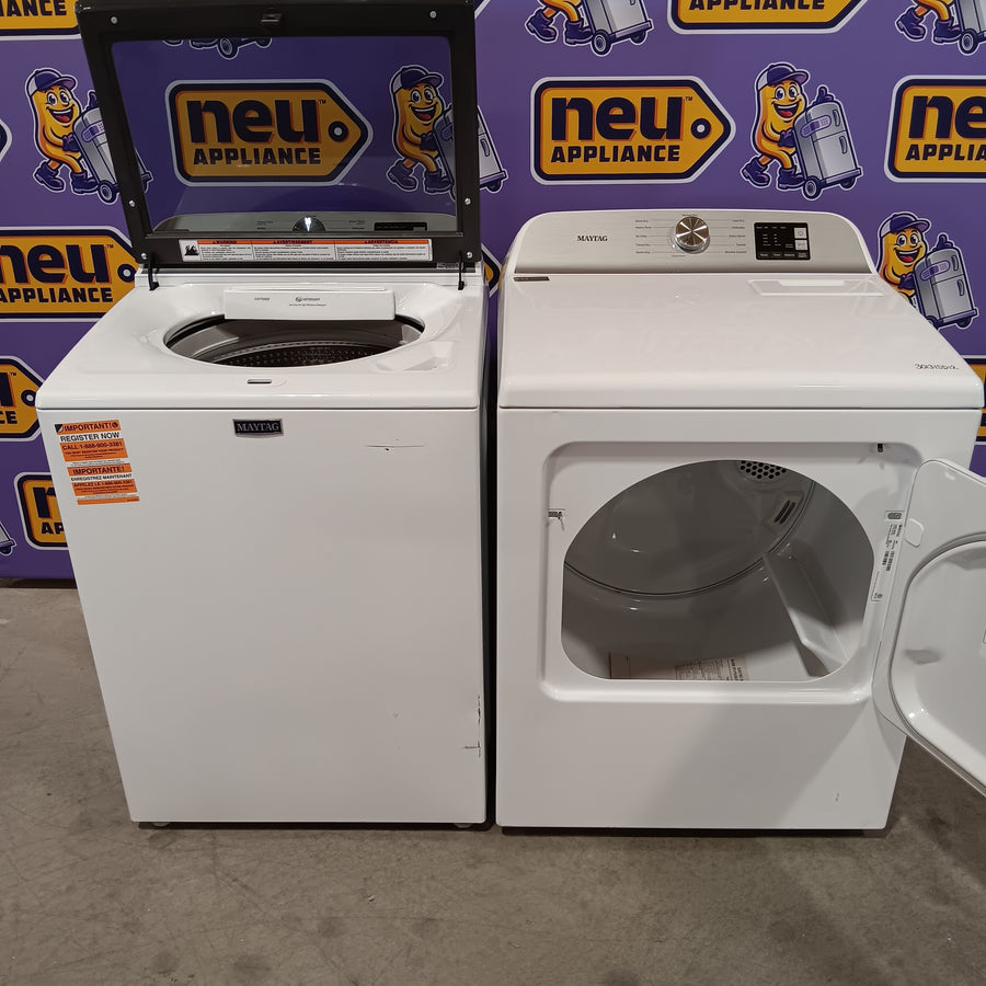 Maytag Top Load 4.8 cu ft Washer with Deep Fill and Slow-Close Glass Lid MVW6200KW - Scratch & Dent (Minor) and Maytag 7.0 cu ft Electric Dryer with Moisture Sensing and Quick Dry Cycle 16191 - MED6200KW - Scratch & Dent (Moderate)