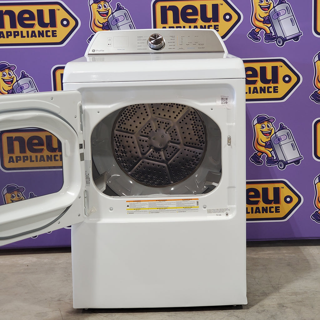 Pictures of Ge Profile White Energy Star 4.9 Cu. Ft. Top Load Washer with FlexDispense PTW605BSRWS - New in Box and GE Profile White ENERGY STAR® 7.4 cu. ft. Capacity aluminized alloy drum Gas Dryer with Sanitize Cycle and Sensor Dry - Scratch & Dent - (Moderate) - Neu Appliance Outlet - Discount Appliance Outlet in Austin, Tx