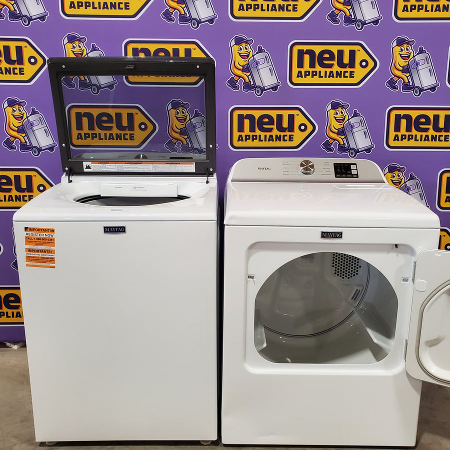 Maytag Top Load 4.8 cu ft Washer with Deep Fill and Slow-Close Glass Lid MVW6200KW - Scratch & Dent (Minor) and Maytag 7.0 cu ft Electric Dryer with Moisture Sensing and Quick Dry Cycle 16231 - MED6200KW - Scratch & Dent (Moderate)