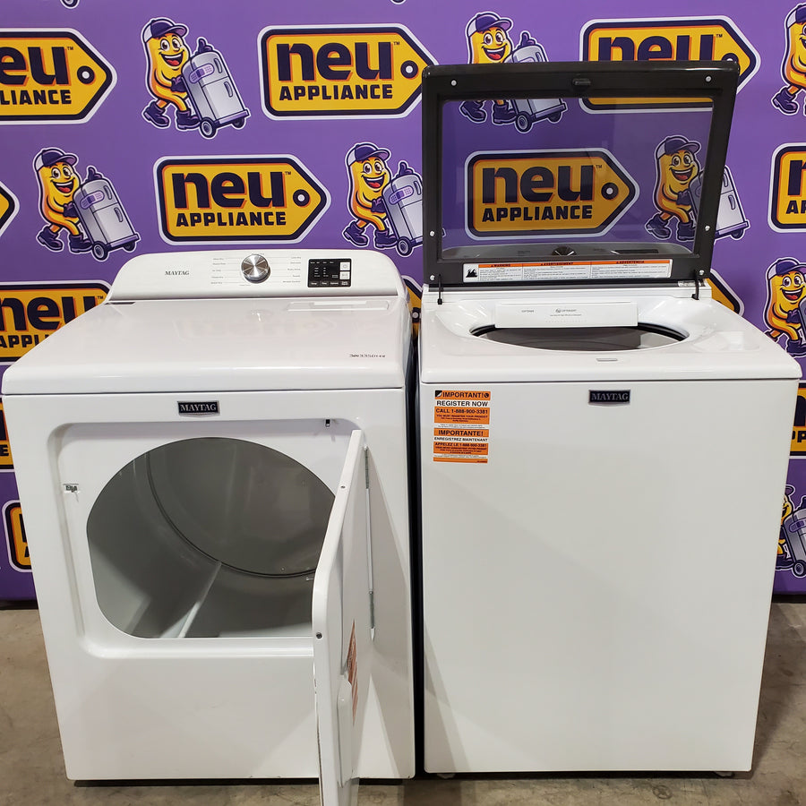 Maytag Top Load 4.8 cu ft Washer with Deep Fill and Slow-Close Glass Lid MVW6200KW - Scratch & Dent (Minor) and Maytag 7.0 cu ft Electric Dryer with Moisture Sensing and Quick Dry Cycle 16195 - MED6200KW - Scratch & Dent (Moderate)