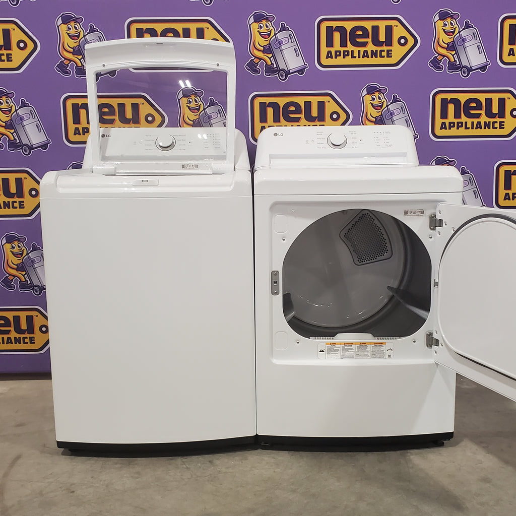 LG 4.3 cu. ft. Capacity Top Load Washer with TurboDrum™ Technology and Impeller WT6100CW - Open Box and LG 7.3 Cu. Ft.  Electric Rear Control Ultra Large Capacity Dryer in White with Sensor Dry 16058 - DLE6100W - Open Box