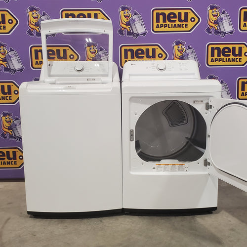 LG 4.3 cu. ft. Capacity Top Load Washer with TurboDrum™ Technology and Impeller WT6100CW - Open Box and LG 7.3 Cu. Ft.  Electric Rear Control Ultra Large Capacity Dryer in White with Sensor Dry 16058 - DLE6100W - Open Box