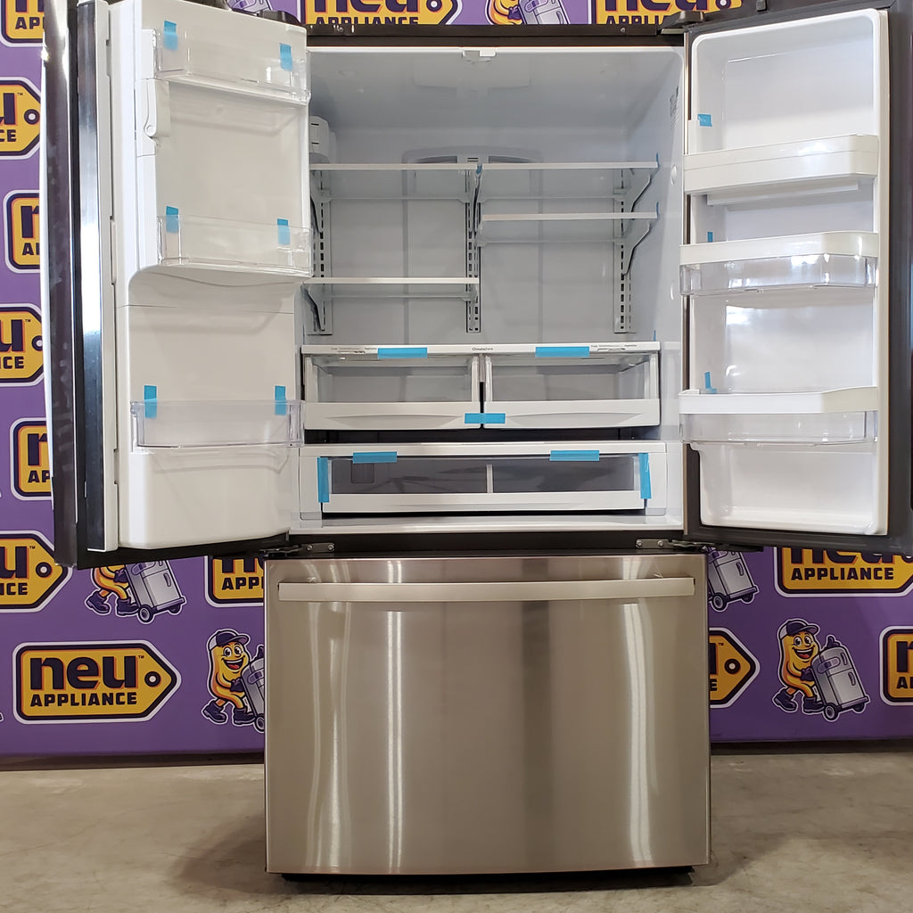 Pictures of GE Energy Star 3 Door French Door 27.7 Cu. Ft. Refrigerator with TwinChill Evaporators in Fingerprint Stainless Steel GFE28GYNFS - Open Box - Neu Appliance Outlet - Discount Appliance Outlet in Austin, Tx