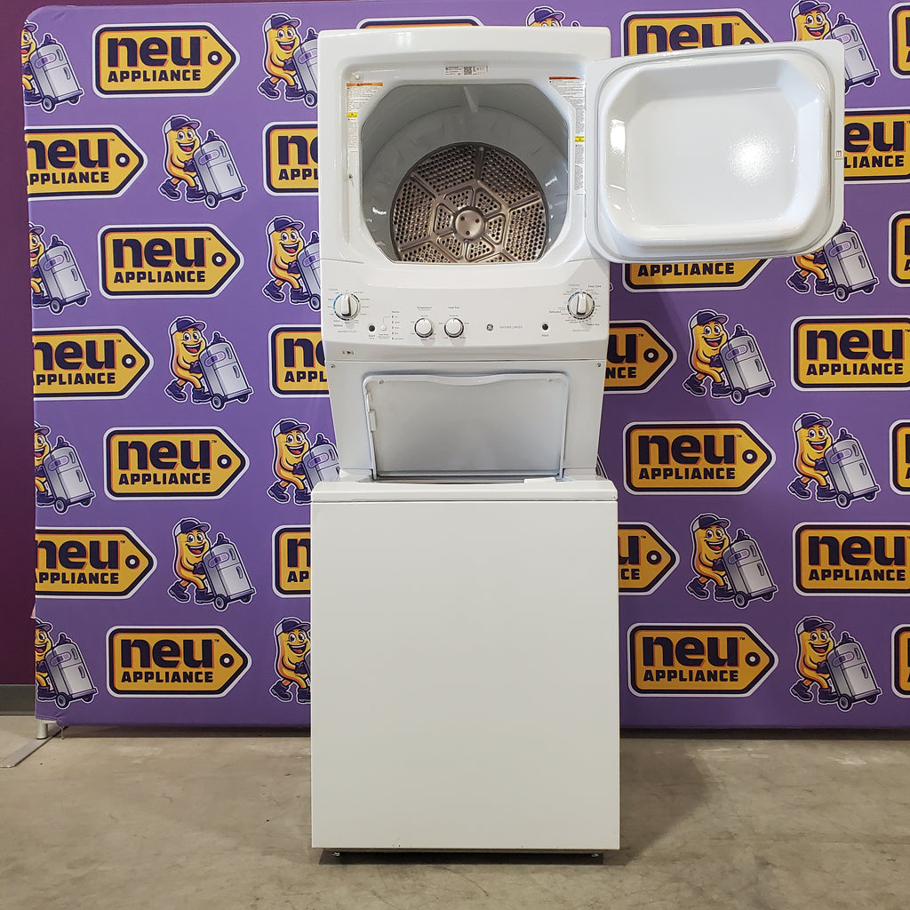 Pictures of GE White unitized Spacemaker 3.8 Cu. Ft. Washer with Stainless Steel Basket and 5.9 Cu. Ft. Dryer GUD27ESSMWW - Certified Refurbished - Neu Appliance Outlet - Discount Appliance Outlet in Austin, Tx