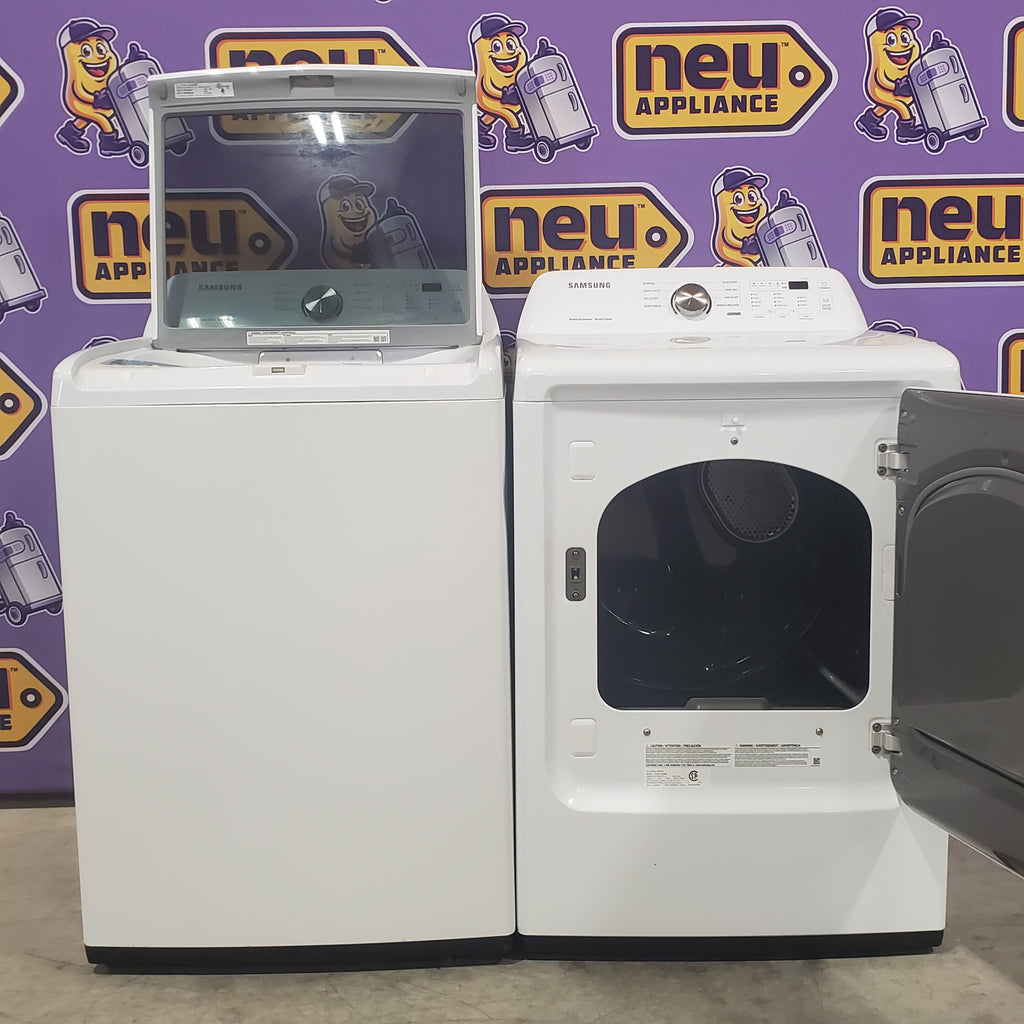 Samsung 4.5 cu. ft. Top Load Washer with Vibration Reduction Technology+ in White WA45T3200AW - Certified Refurbished and Samsung 7.2 cu. ft. Electric Dryer with Sensor Dry in White 16061 - DVE45T3200W - Open Box