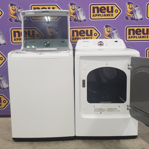 Samsung 4.5 cu. ft. Top Load Washer with Vibration Reduction Technology+ in White WA45T3200AW - Certified Refurbished and Samsung 7.2 cu. ft. Electric Dryer with Sensor Dry in White 16061 - DVE45T3200W - Open Box