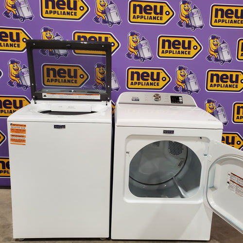 Maytag Top Load 4.8 cu ft Washer with Deep Fill and Slow-Close Glass Lid MVW6200KW - Scratch & Dent (Minor) and Maytag 7.0 cu ft Electric Dryer with Moisture Sensing and Quick Dry Cycle 16173 - MED6200KW - Scratch & Dent (Minor)