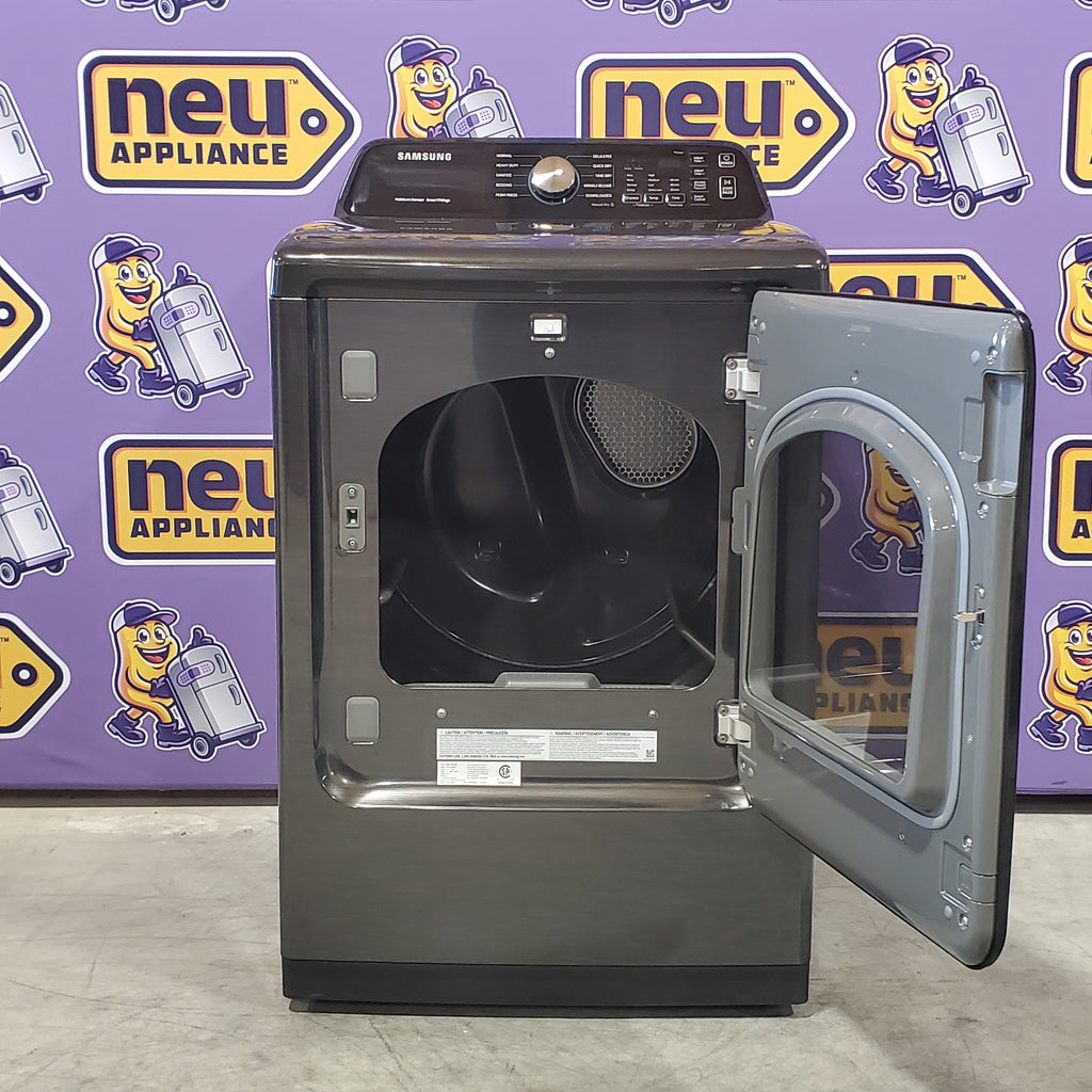 Samsung 5.0 cu. ft. Capacity Top Load Washer with Active WaterJet in Brushed Black WA50R5200AV - Certified Refurbished and Samsung Brushed Black 7.4 cu. ft. Smart Electric Dryer with Sensor Dry 16114 - DVE47CG3500V - New in Box