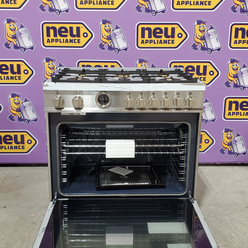 Pictures of Bertazzoni 36 inch Dual Fuel Range, 6 Brass Burners and Cast Iron Griddle, Electric Self-Clean Oven 11131SD63 - MAST366DFSXT - Open Box - Neu Appliance Outlet - Discount Appliance Outlet in Austin, Tx