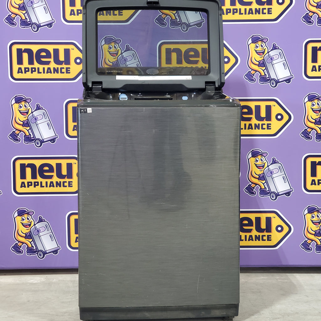 Pictures of Samsung Brushed Black Top Load 5.2 Cu. Ft. Washer with SuperSpeed Wash WA52A5500AV - Certified Refurbished and Samsung Brushed Navy Smart Electric Front Load 7.4 Cu. Ft. Dryer with Steam Sanitize+ DVE54CG7150D - Scratch and Dent (Minor) - Neu Appliance Outlet - Discount Appliance Outlet in Austin, Tx