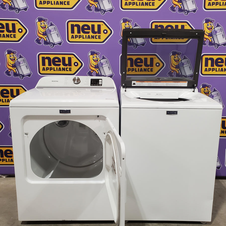 Maytag Top Load 4.8 cu ft Washer with Deep Fill and Slow-Close Glass Lid MVW6200KW - Scratch & Dent (Minor) and Maytag 7.0 cu ft Electric Dryer with Moisture Sensing and Quick Dry Cycle 16200 - MED6200KW - Scratch & Dent (Moderate)