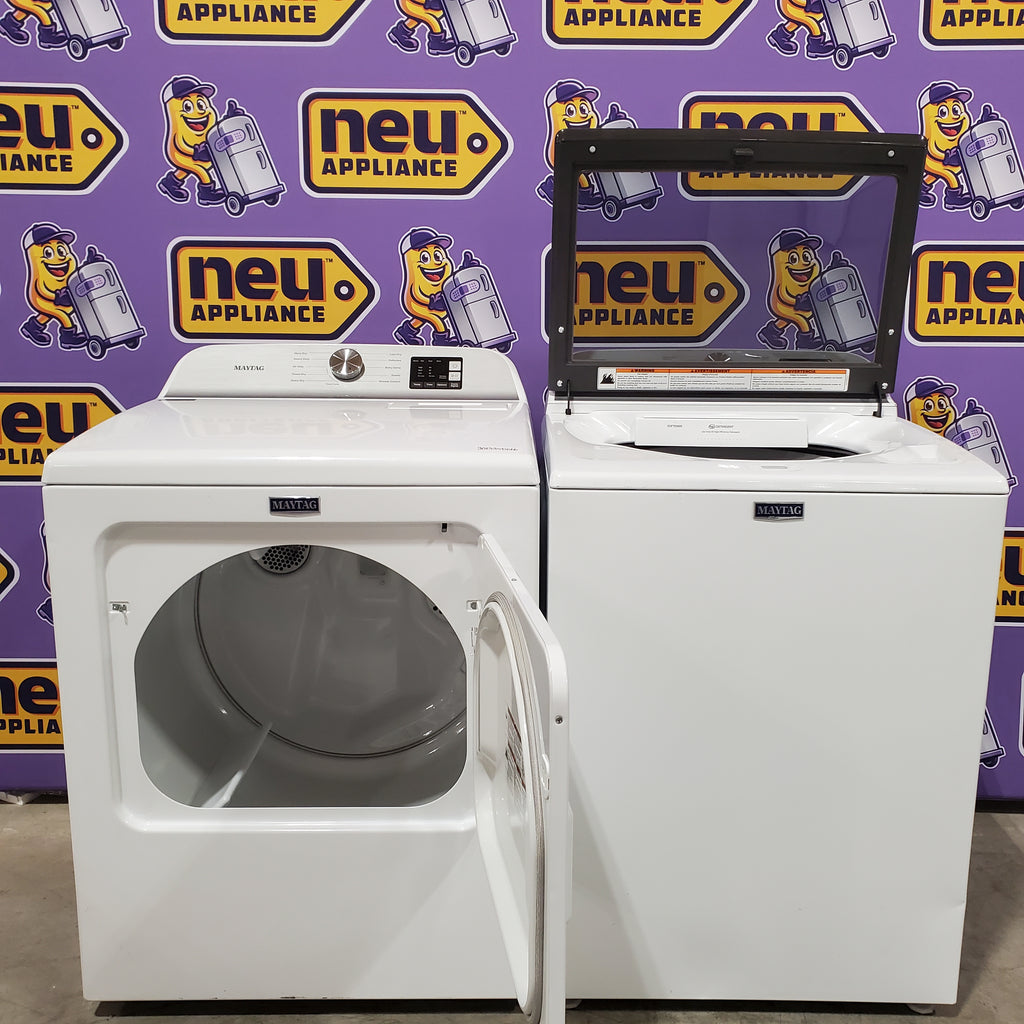 Pictures of Maytag Top Load 4.8 cu ft Washer with Deep Fill and Slow-Close Glass Lid MVW6200KW - Scratch & Dent (Minor) and Maytag 7.0 cu ft Electric Dryer with Moisture Sensing and Quick Dry Cycle 16200 - MED6200KW - Scratch & Dent (Moderate) - Neu Appliance Outlet - Discount Appliance Outlet in Austin, Tx