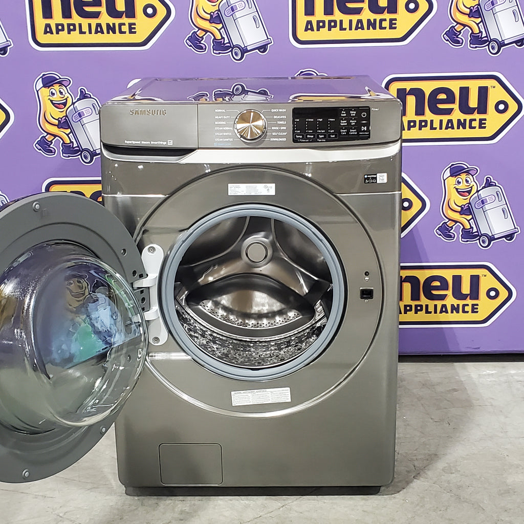 Samsung 4.5 cu. ft. Large Capacity Smart Front Load Washer with Super Speed Wash in Platinum WF45B6300AP - Scratch & Dent (Minor) and Samsung 7.5 cu. ft. Front Load Electric Dryer with Steam 16135 - DVE45B6300P - Scratch & Dent (Minor)