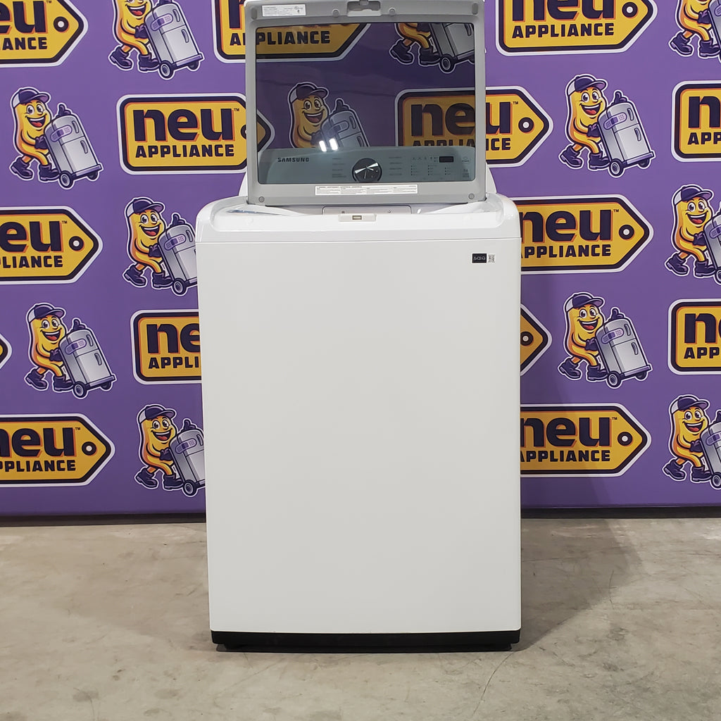 Pictures of Samsung Top Load 4.5 Cu. Ft. Washer with Soft Close Lid and Vibration Reduction Technology+ WA45T3200AW - New in Box and Samsung 7.2 cu. ft. Electric Dryer with Sensor Dry in White DVE45T3200W - Scratch and Dent (minor) - Neu Appliance Outlet - Discount Appliance Outlet in Austin, Tx