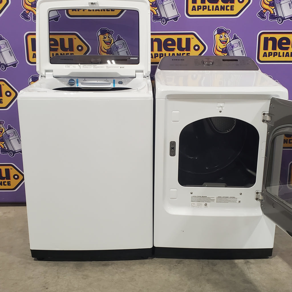 Pictures of Samsung White Top Load 5.0 Cu. Ft. Washer with Super Speed WA50R5400AW - Certified Refurbished and Samsung Front Load Electric Dryer with with Steam Sanitize+ 16111 - DVE52A5500W - Scratch & Dent (Minor) - Neu Appliance Outlet - Discount Appliance Outlet in Austin, Tx