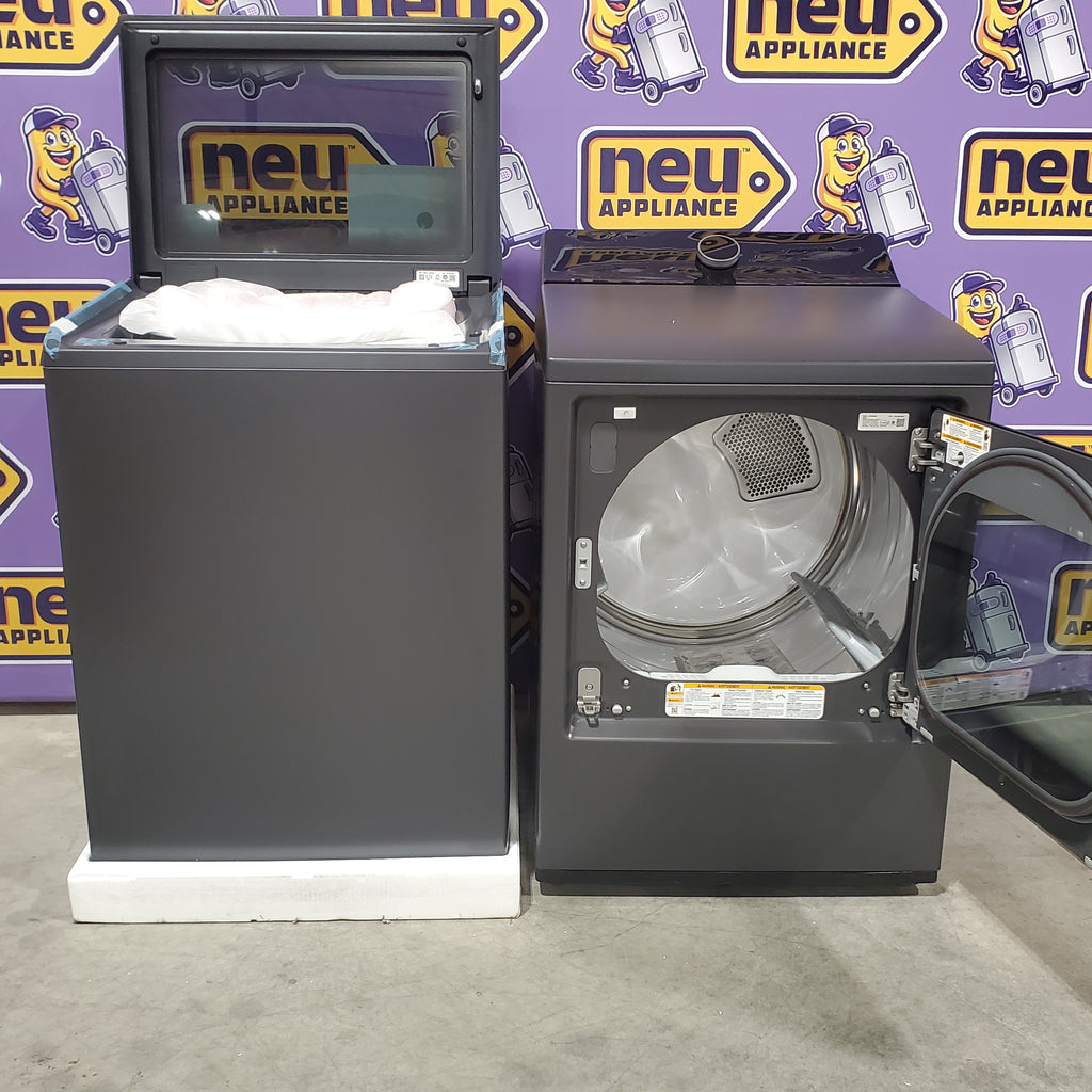 Pictures of LG 5.3 cu. ft. Smart Top Load Washer with 4-Way® Agitator and AI Sensing EasyUnload™ WT8405CB - New in Box and LG 7.3 cu. ft. Ultra Large Capacity Rear Control Electric Dryer with LG EasyLoad™ Door and TurboSteam™ 16117 - DLEX8600BE - Open Box - Neu Appliance Outlet - Discount Appliance Outlet in Austin, Tx