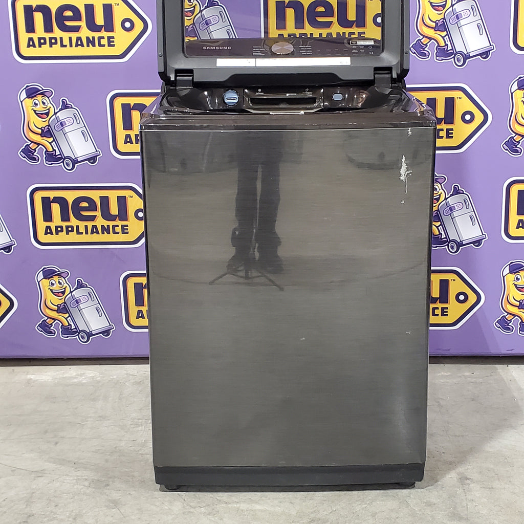 Samsung 5.0 cu. ft. Capacity Top Load Washer with Active WaterJet in Brushed Black WA50R5200AV - Certified Refurbished and Samsung Brushed Black 7.4 cu. ft. Smart Electric Dryer with Sensor Dry 16114 - DVE47CG3500V - New in Box