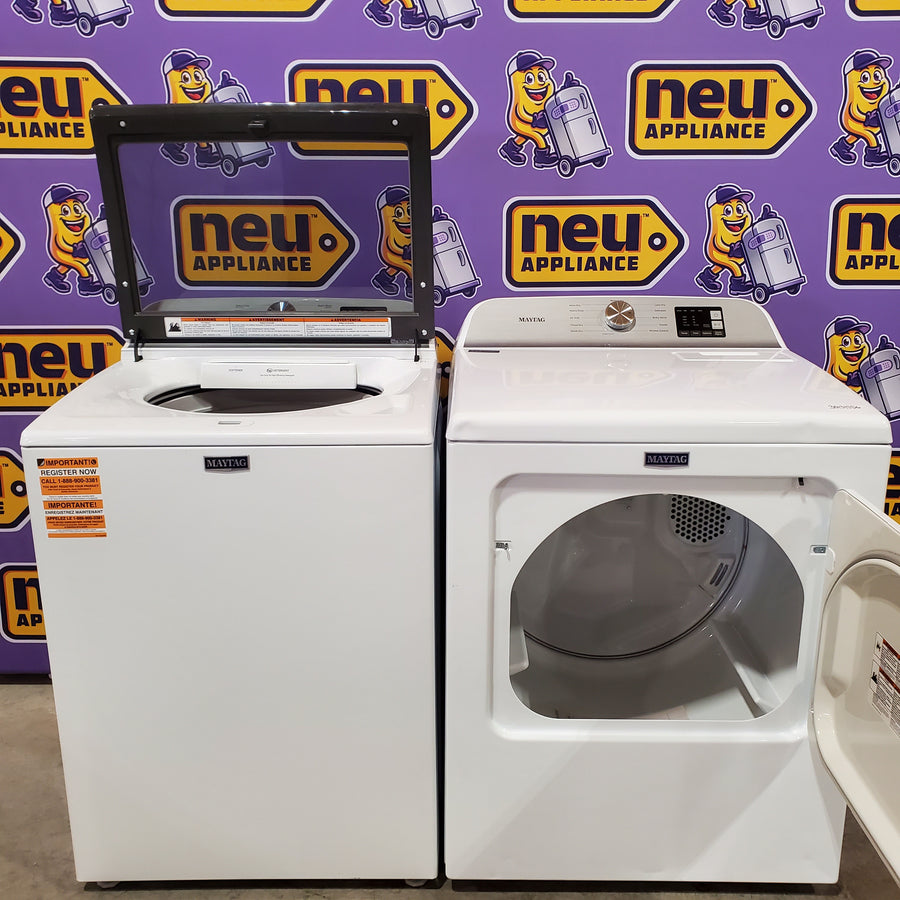 Maytag Top Load 4.8 cu ft Washer with Deep Fill and Slow-Close Glass Lid MVW6200KW - Scratch & Dent (Minor) and Maytag 7.0 cu ft Electric Dryer with Moisture Sensing and Quick Dry Cycle 16196 - MED6200KW - Scratch & Dent (Moderate)