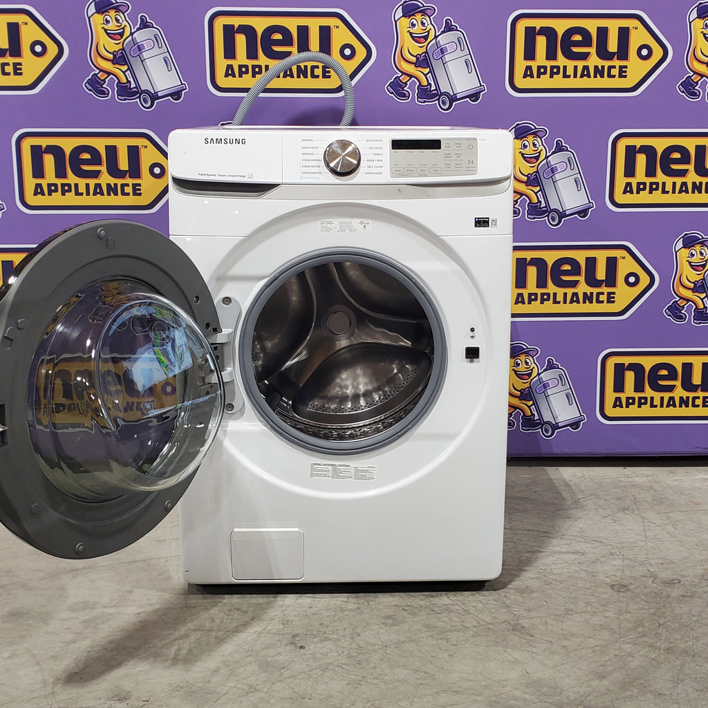 Samsung 4.5 cu. ft. Large Capacity Smart Front Load Washer with Super Speed Wash in White WF45B6300AW - Scratch & Dent (Minor) and Samsung 7.5 cu. ft. Smart Electric Dryer with Steam Sanitize+ in White 16064 - DVE45B6300W - Open Box