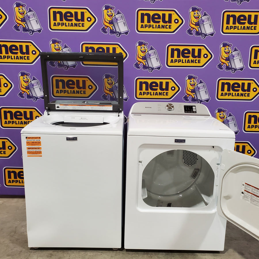 Maytag Top Load 4.8 cu ft Washer with Deep Fill and Slow-Close Glass Lid MVW6200KW - Scratch & Dent (Minor) and Maytag 7.0 cu ft Electric Dryer with Moisture Sensing and Quick Dry Cycle 16158 - MED6200KW - Scratch & Dent (Minor)