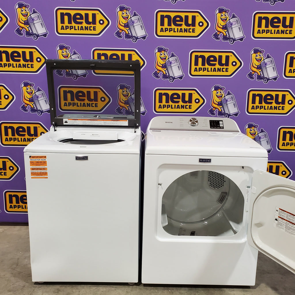 Pictures of Maytag Top Load 4.8 cu ft Washer with Deep Fill and Slow-Close Glass Lid MVW6200KW - Scratch & Dent (Minor) and Maytag 7.0 cu ft Electric Dryer with Moisture Sensing and Quick Dry Cycle 16158 - MED6200KW - Scratch & Dent (Minor) - Neu Appliance Outlet - Discount Appliance Outlet in Austin, Tx