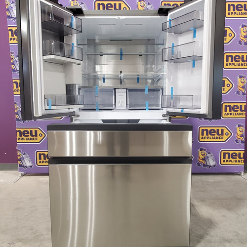 Stainless steel Samsung Bespoke 4-Door French Door RF29BB8600QL Refrigerator on a purple background with 'neu appliance' branding.