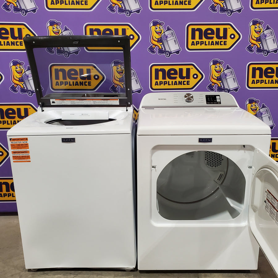Maytag Top Load 4.8 cu ft Washer with Deep Fill and Slow-Close Glass Lid MVW6200KW - Scratch & Dent (Major) and Maytag 7.0 cu ft Electric Dryer with Moisture Sensing and Quick Dry Cycle 16242 - MED6200KW - Scratch & Dent (Minor)