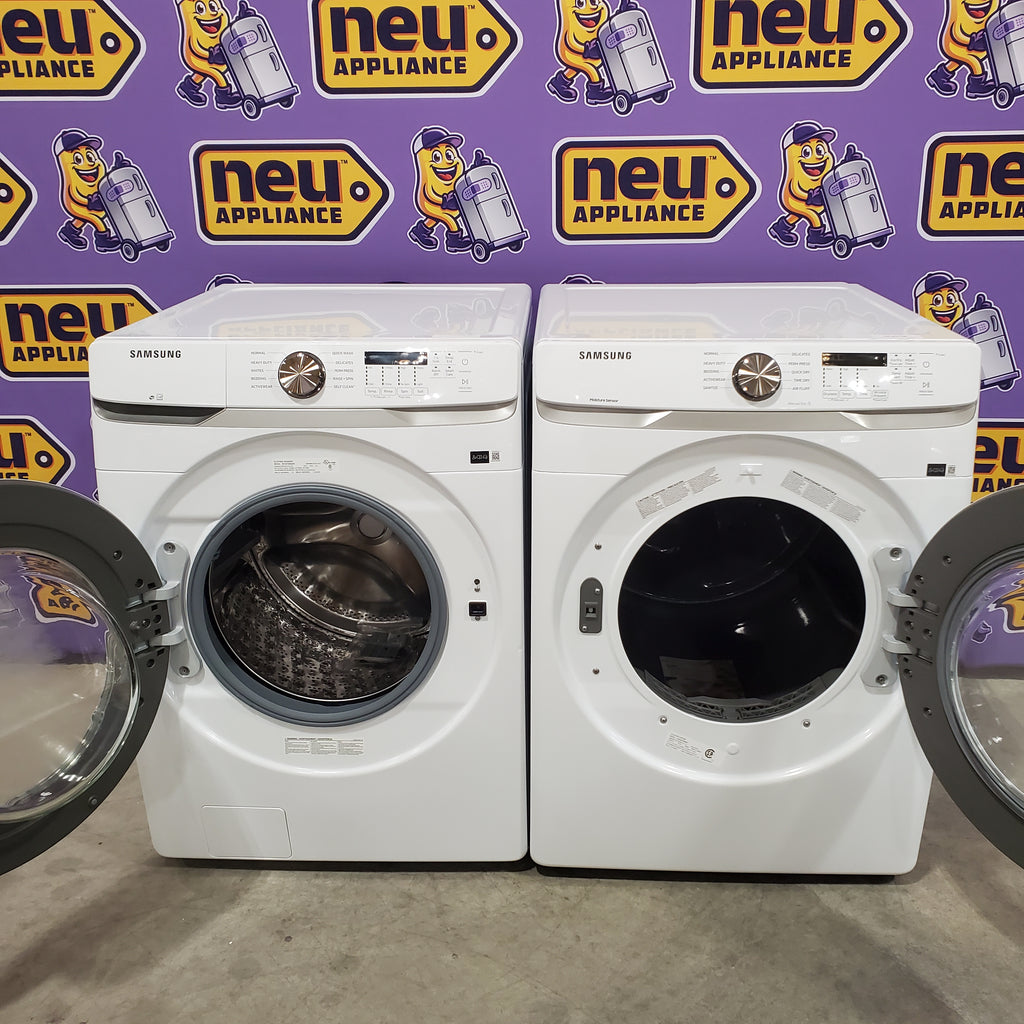 Pictures of Samsung 4.5 cu. ft. ENERGY STAR Front Load Washer with Vibration Reduction WF45T6000AW - Scratch & Dent (Minor) and Samsung 7.5 cu. ft. Front Load Electric Dryer with Smart Care in White 16142 - DVE45T6000W - Open Box - Neu Appliance Outlet - Discount Appliance Outlet in Austin, Tx
