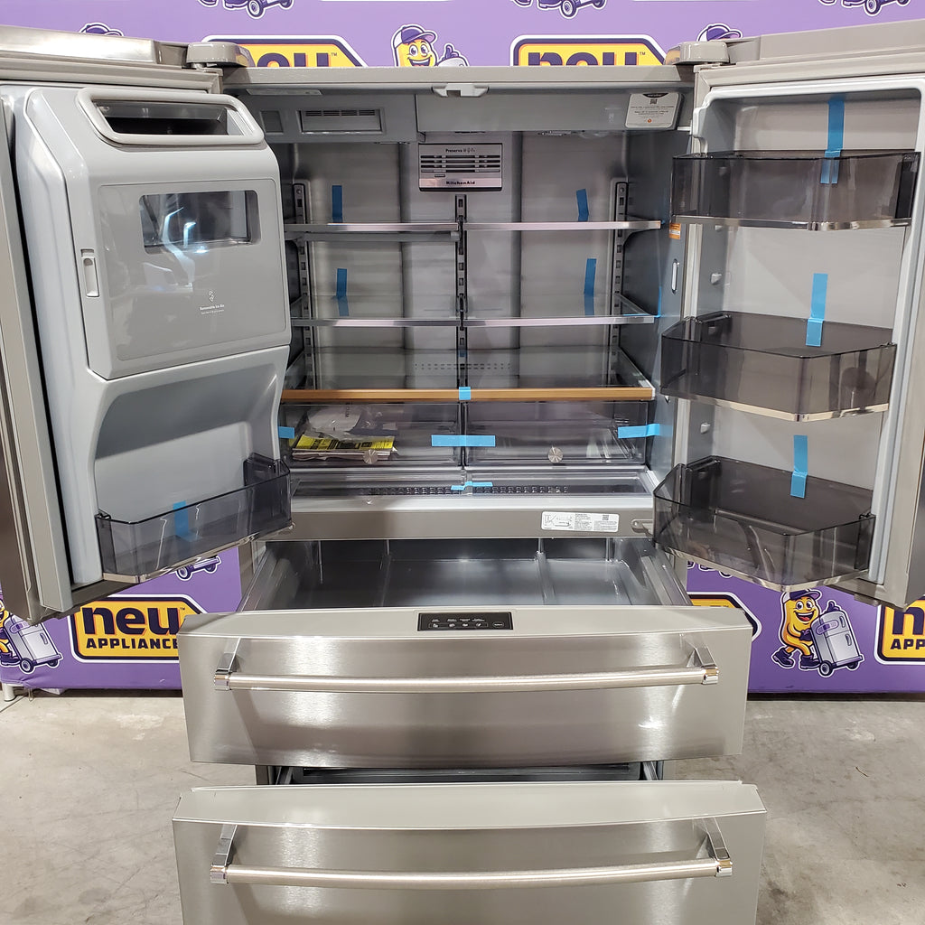 Pictures of KitchenAid PrintShield Stainless 26.2 Cu. Ft. Multi-Door French Door Refrigerator with Platinum Interior and FreshChill™ Full-Width Refrigerated Drawer 22132SD163 - KRMF536RPS - Scratch & Dent (Minor) - Neu Appliance Outlet - Discount Appliance Outlet in Austin, Tx