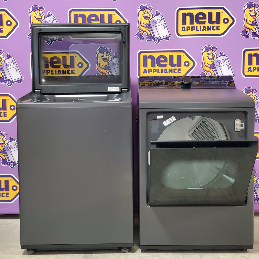 Pictures of LG 5.3 cu. ft. Capacity Top Load Washer with 4-Way® Agitator and EasyUnload™ WT8405CB - Scratch & Dent (Minor) and LG 7.3 cu. ft. Capacity Smart Rear Control Electric Dryer with AI Sensing, EasyLoad™ Door DLE8400BE - Open Box - Neu Appliance Outlet - Discount Appliance Outlet in Austin, Tx