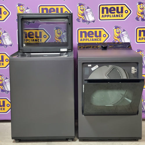 Pictures of LG 5.3 cu. ft. Capacity Top Load Washer with 4-Way® Agitator and EasyUnload™ WT8405CB - Scratch & Dent (Minor) and LG 7.3 cu. ft. Capacity Smart Rear Control Electric Dryer with AI Sensing, EasyLoad™ Door DLE8400BE - Open Box - Neu Appliance Outlet - Discount Appliance Outlet in Austin, Tx