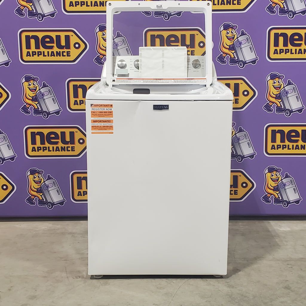 Pictures of Maytag Top Load 4.8 Cu. Ft. Washer with Extra Power MVW5430MW - Scratch and Dent (Moderate) and Maytag Front Load Wrinkle Prevent Electric 7.0 Cu. Ft. Dryer with End of Cycle Signal MED4500MW - Open Box - Neu Appliance Outlet - Discount Appliance Outlet in Austin, Tx