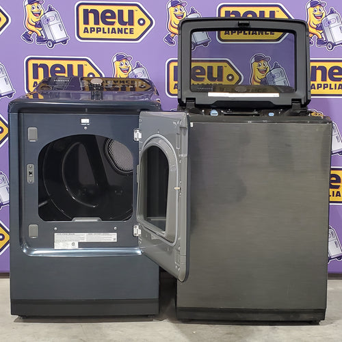 Pictures of Samsung Brushed Black Top Load 5.2 Cu. Ft. Washer with SuperSpeed Wash WA52A5500AV - Certified Refurbished and Samsung Brushed Navy Smart Electric Front Load 7.4 Cu. Ft. Dryer with Steam Sanitize+ DVE54CG7150D - Scratch and Dent (Minor) - Neu Appliance Outlet - Discount Appliance Outlet in Austin, Tx