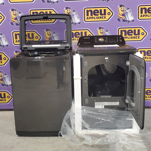 Samsung 5.0 cu. ft. Capacity Top Load Washer with Active WaterJet in Brushed Black WA50R5200AV - Certified Refurbished and Samsung Brushed Black 7.4 cu. ft. Smart Electric Dryer with Sensor Dry 16114 - DVE47CG3500V - New in Box